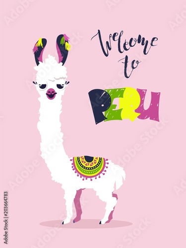 Welcome to Peru poster with cute cartoon lama and text "Welcome to Peru". Vector illustration
