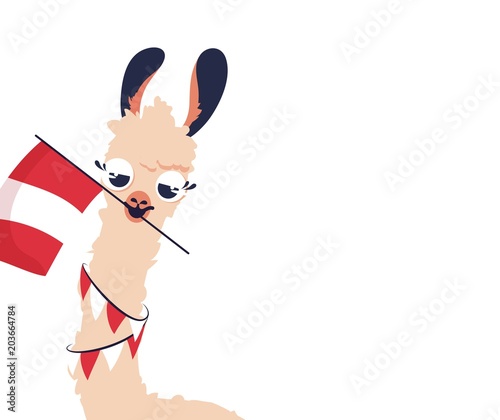 Cute cartoon lama with flag of Peru on white background. Vector illustration