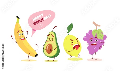 Cute cartoon fruits with different emotions. Happy emoji day concept. Vector illustration
