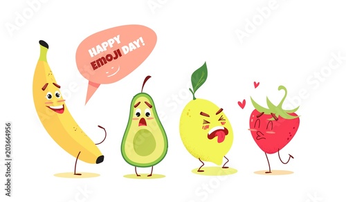 Cute cartoon fruits with different emotions. Happy emoji day concept. Vector illustration