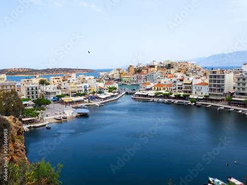 Agios Nikolaos, Crete island, Greece the Voulismeni lake, a picturesque town in the eastern part of the island Crete with colorful buildings, Lasithi © byallasaa