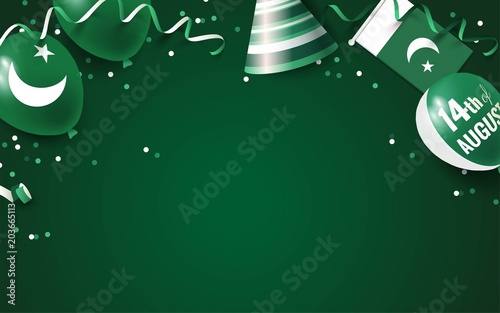 14th of August. Pakistan independence day celebration background with balloons, flag and confetti. Festive border flat lay. Vector illustration