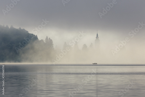Lake Bohinj in Triglav national park, in the foggy morning