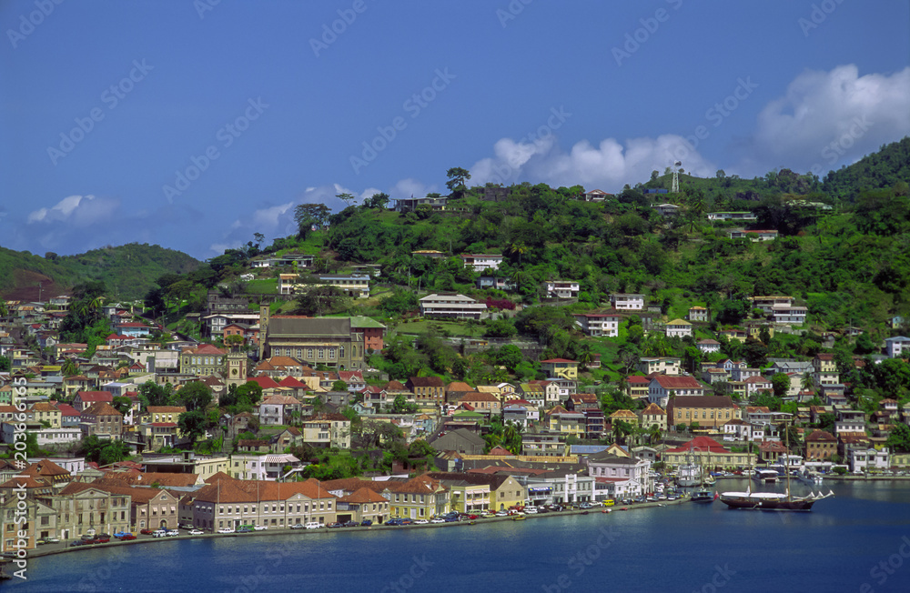 St Georges Harbour in Grenada. The colorful harbor in St. George, Grenada, Southern Caribbean