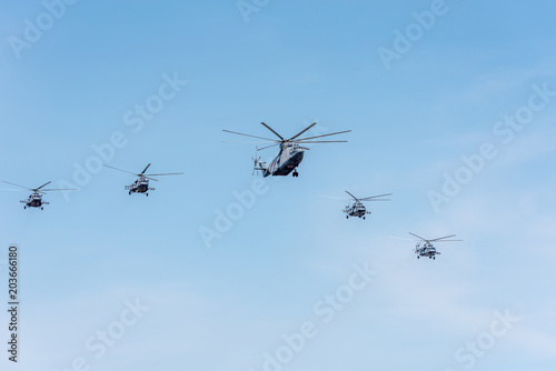 Moscow. Russia-may 4, 2018: Heavy transport helicopter of Russian air force Mi - 26 and Mi - 8 rehearsal of the aviation part of the parade to Victory day. 