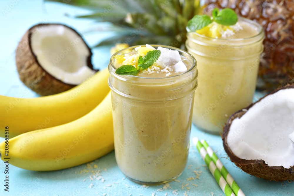 Tropical smoothies with banan, coconut and pineapple.