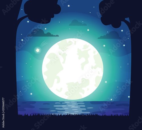Fototapeta Naklejka Na Ścianę i Meble -  Silhouette of Moon and River Vector Illustration
