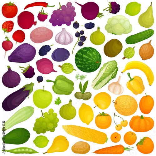 Vivid gradient from vegetables and fruits. Vector rainbow of food. Colorful background.
