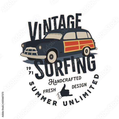 Vintage hand drawn tee print design with retro surf car  shaka sign and typography elements. Surf print design  patch. Summer t shirt print concept isolated on white background. Stock 