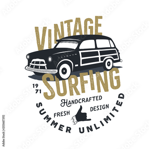 Vintage hand drawn tee print design with retro surf car  shaka sign and typography elements. Surf print design  patch. Summer t shirt print concept isolated on white. Stock 
