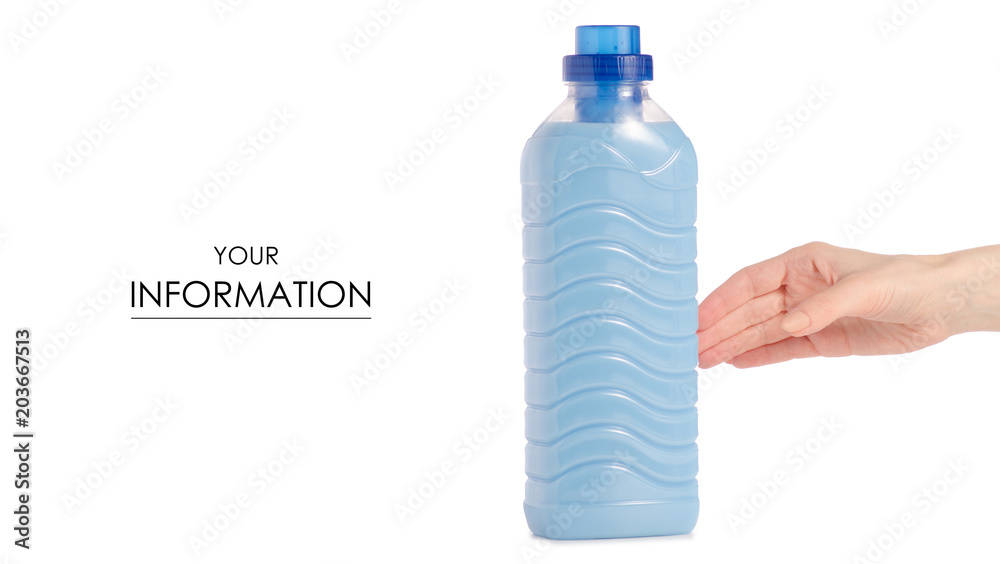 Softener conditioner in blue plastic bottle in hand pattern Softener conditioner in blue plastic bottle in hand pattern