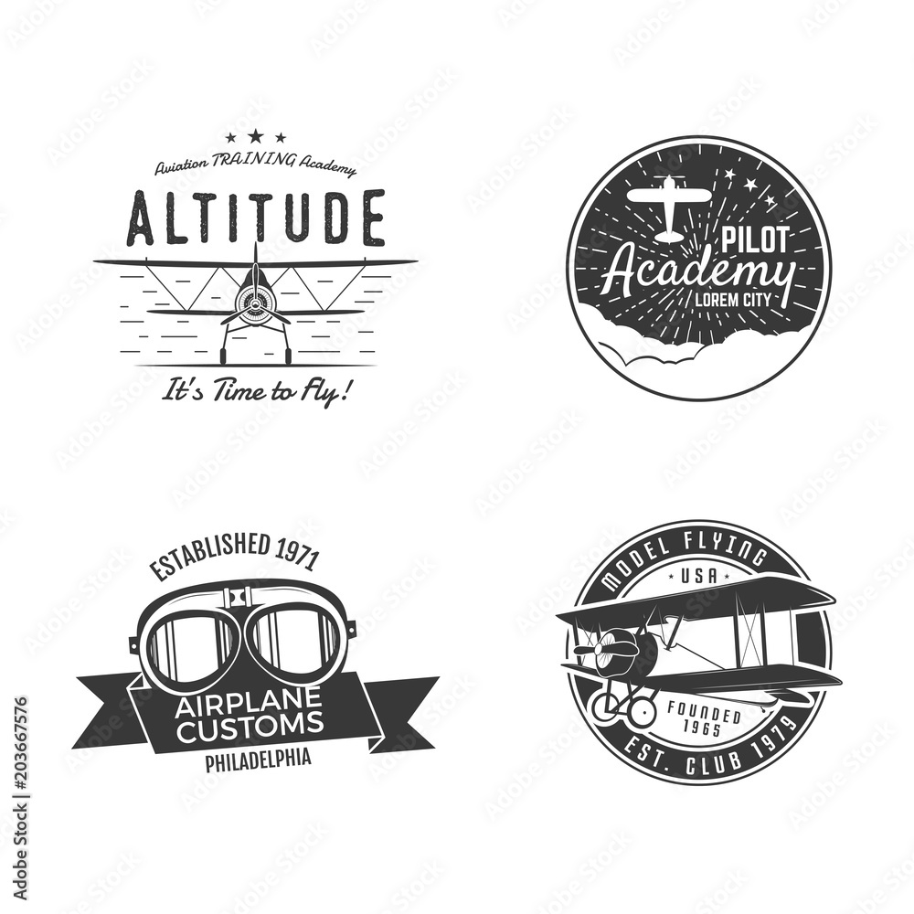 Vintage hand drawn old fly stamps. Travel or business airplane tour emblems. Airplane logo designs. Retro aerial badge. Pilot school logos. Plane tee design, prints. Stock stamps isolated