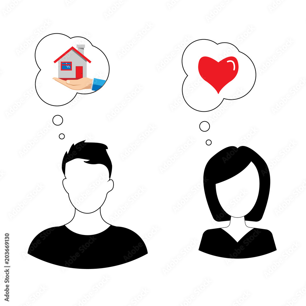 a man thinks about house, and a woman is about love. vector illustration a man thinks about house, and a woman is about love. vector illustration