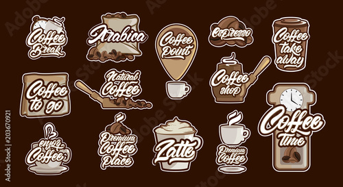Big set of Coffee emblems or stickers with lettering and coffee illustrations. Logotype. Arabica, espresso, latte. Big vector collection. Related quotes set.