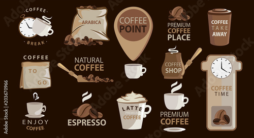 Big set of Coffee emblems or stickers with coffee illustrations. Logotypes. Arabica, espresso, latte. Big vector collection.Related quotes set.