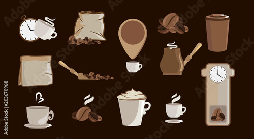 Big set of Coffee elements for your design. Arabica, espresso, latte. Big vector collection. Vector illustration design.