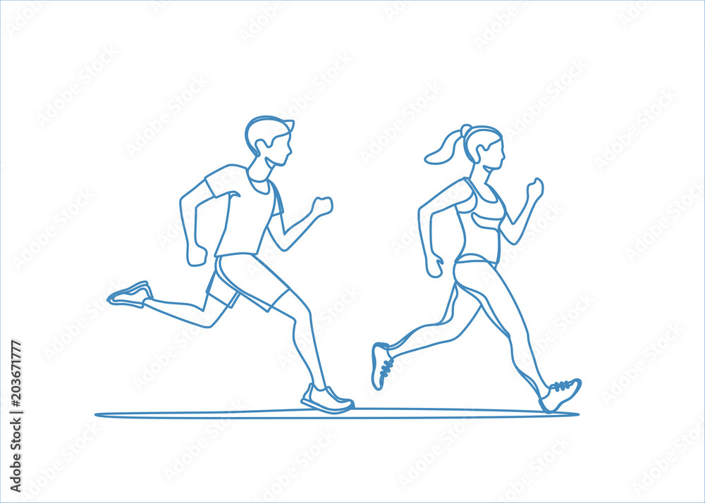 Fototapeta premium Healthy lifestyle vector illustration. Young people jogging and exercising.