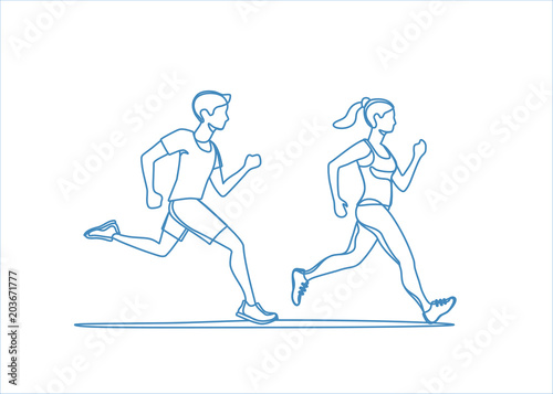 Healthy lifestyle vector illustration. Young people jogging and exercising.