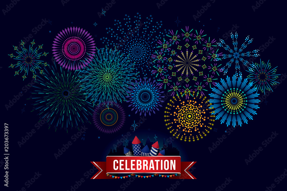 Firework Ribbon Background Vector illustration of a celebrate fireworks display over the city at ...