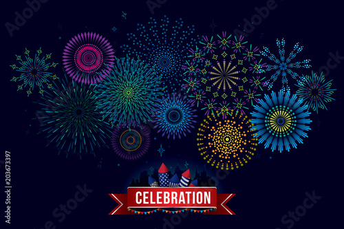 Vector illustration of a celebrate fireworks display over the city at night scene with text and ribbon for holiday and celebration background design.