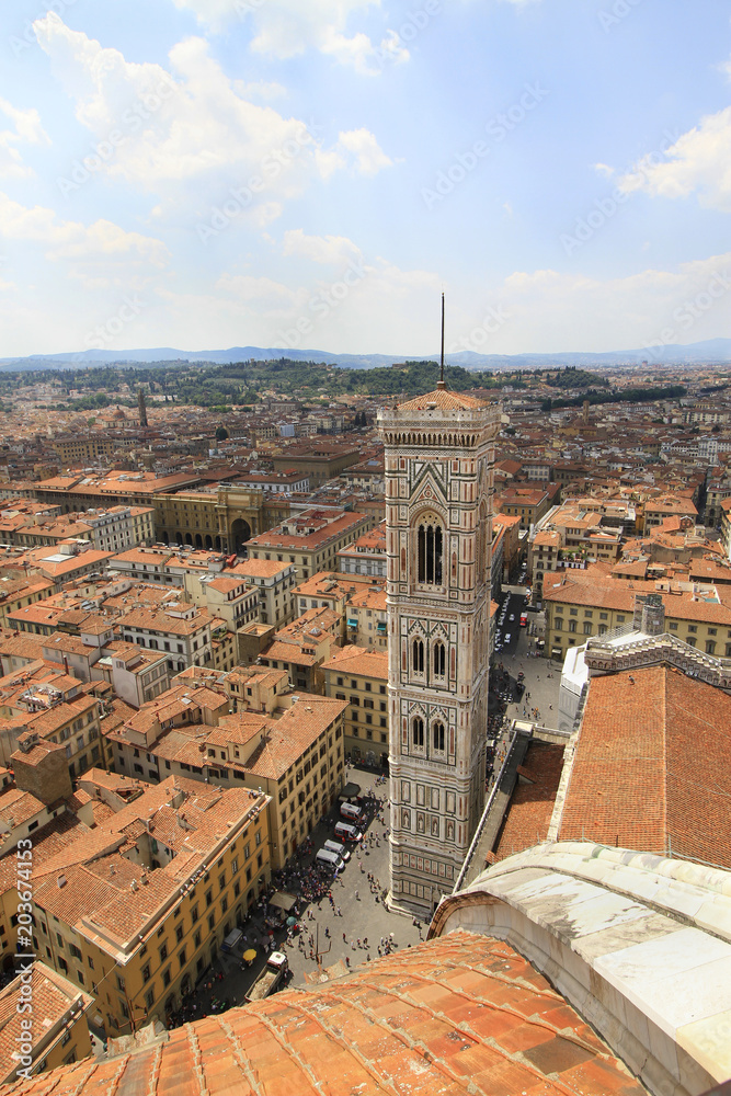City panorama, bird's eye view, Florence, Tuscany, Italy; Basilica di Santa Maria del Fiore bell tower.