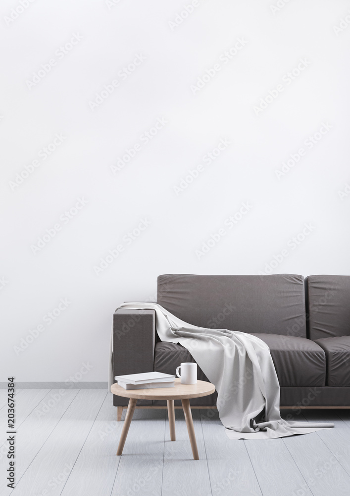 Plakat 4359155 Modern vintage living room. Brown leather sofa on a grey wooden floor and light wall. 3D render.