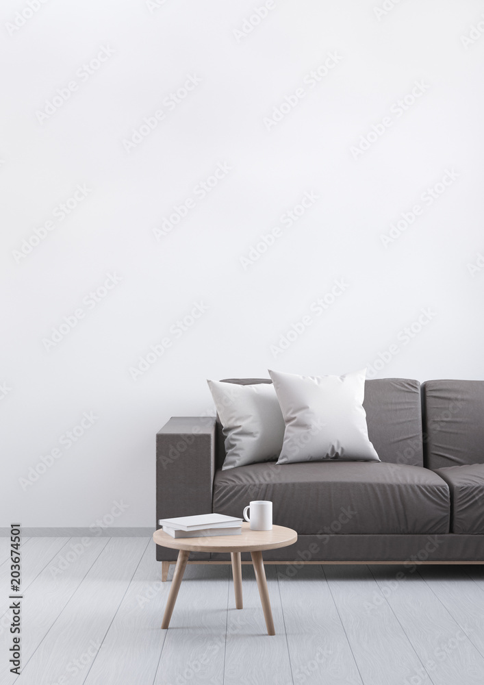 Plakat Modern vintage living room. Brown leather sofa on a grey wooden floor and light wall. 3D render.