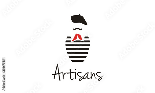 Artisans France, French Mustache Painter Artist Costume with Beret, Red Scarf Tie, and Black White Striped T-Shirt logo design inspiration photo