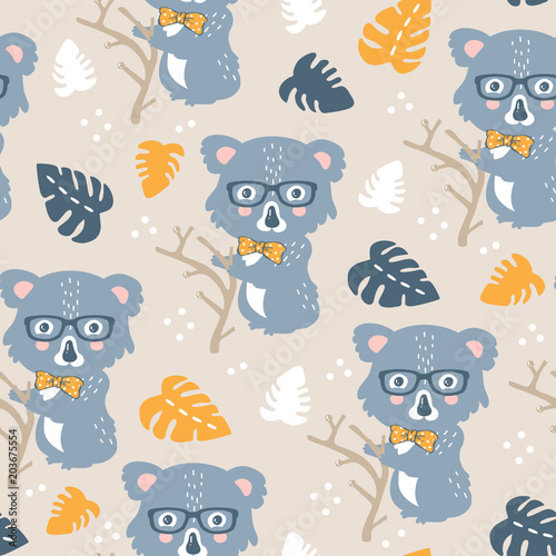 Photography vector seamless background pattern with funny baby koalas for fabric, textile