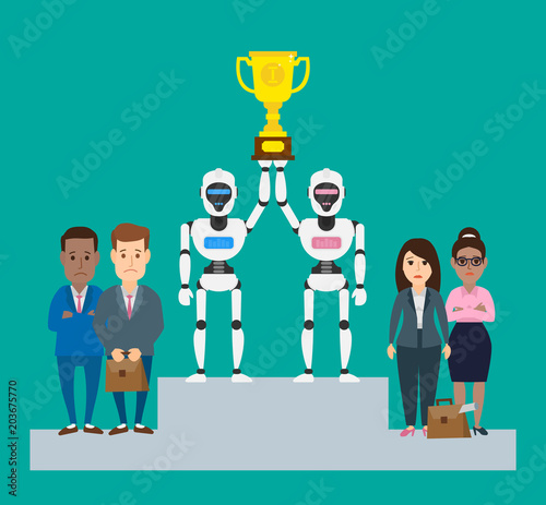 robots humanoid standing on the podium with trophy cup . sad business people
