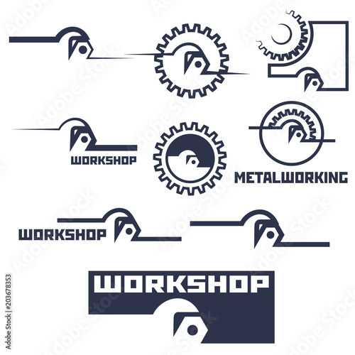an illustration consisting of several images of a wrench, a pinion and a nut in the form of a symbol or logo
