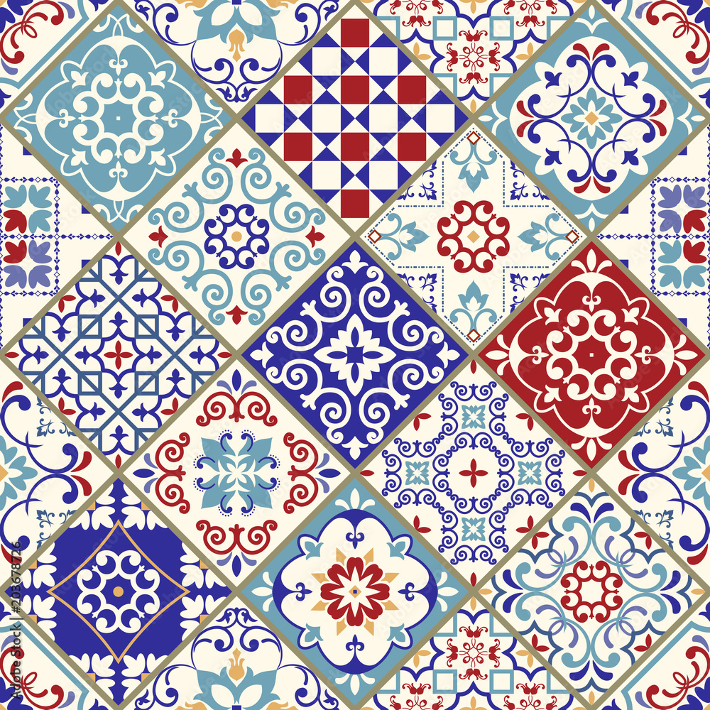 Seamless vintage pattern with colorful patchwork in turkish style. Endless pattern can be used for ceramic tile, wallpaper, linoleum, textile, web page background. Vector illustration
