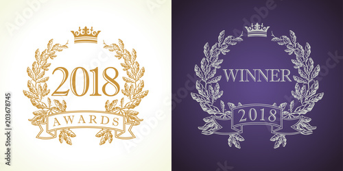 Set of 2018 greetings palms framed logotype. Luxurious premium isolated celebrating congratulating branches, round awards, 20, 10, 80 th years retro template on white and dark ultra violet backgrounds