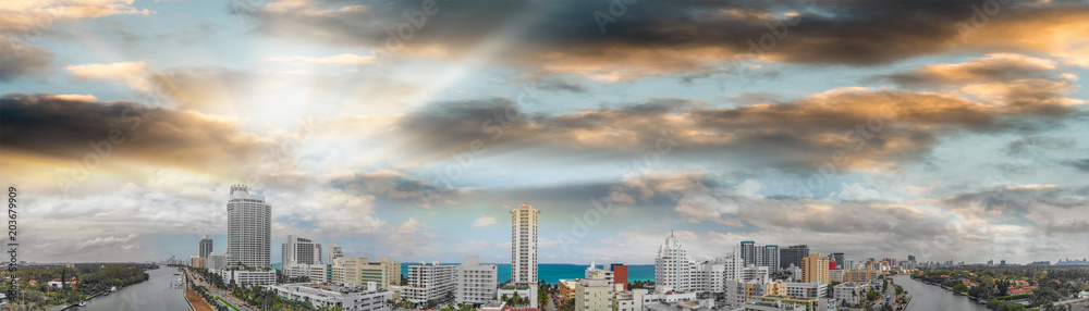Miami Beach skyline at sunset, panoramic aerial view