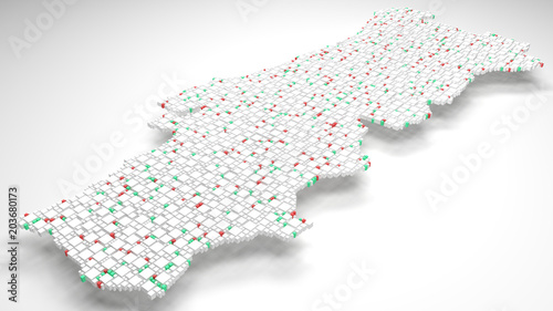 3D Map of Portugal - Europe | 3d Rendering, mosaic of little bricks - White and flag colors. A number of 3769 little boxes are accurately inserted into the mosaic