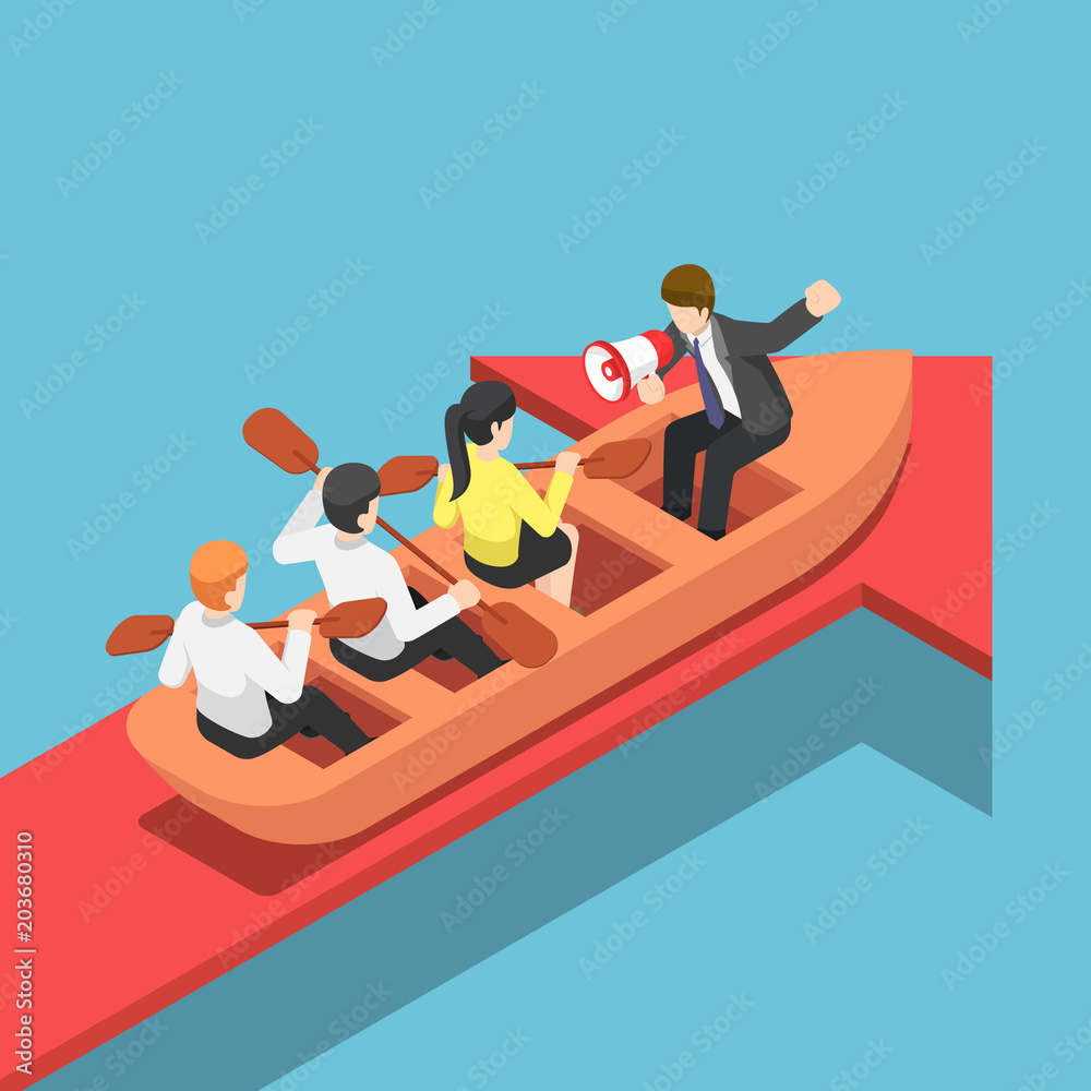 Fotografie Isometric businessman rowing team going forward on red arrow