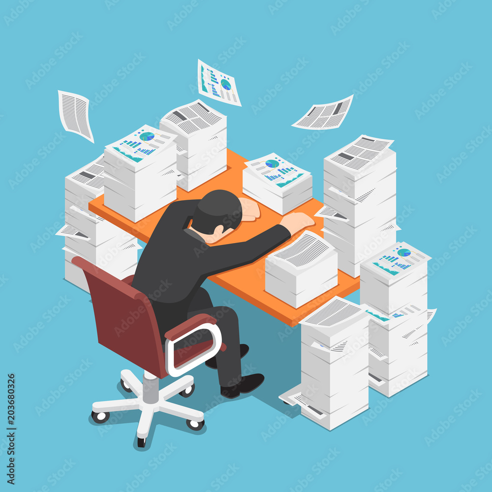 Φωτογραφία Isometric tired businessman asleep at office desk with the pile of paper documen