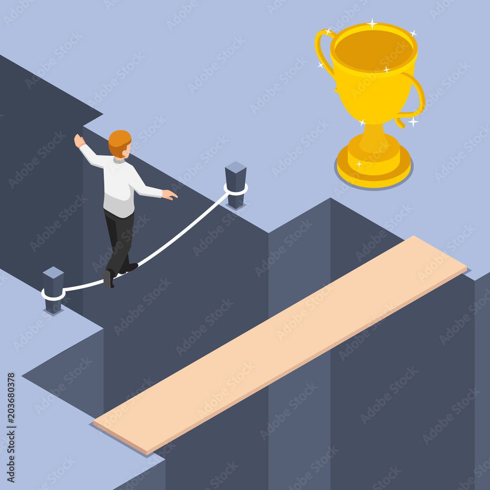 Isometric businessman use shortest and dangerous way to get trophy Isometric businessman use shortest and dangerous way to get trophy