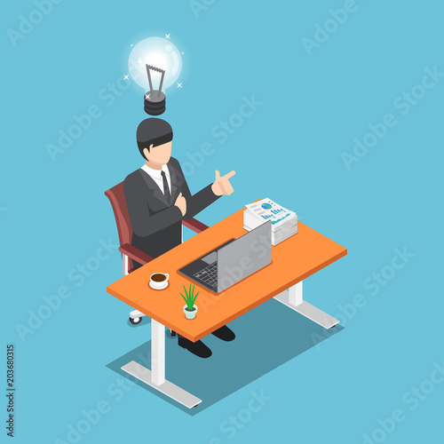 Isometric businessman sitting on his desk and got new idea