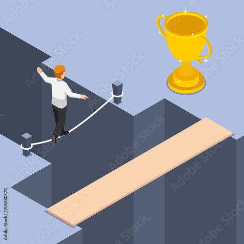 Isometric businessman use shortest and dangerous way to get trophy