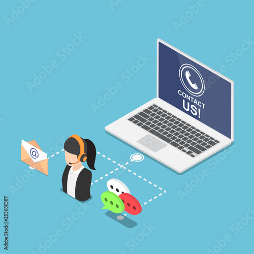 Isometric laptop with contact us symbol and icon