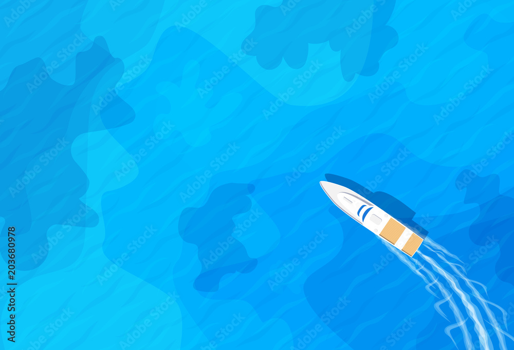 Fototapeta premium motor boat sailing on blue sea top aerial view