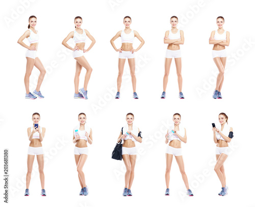 Young, sporty and fit woman in white underwear. Isolated background. Set collection. Fitness Concept.