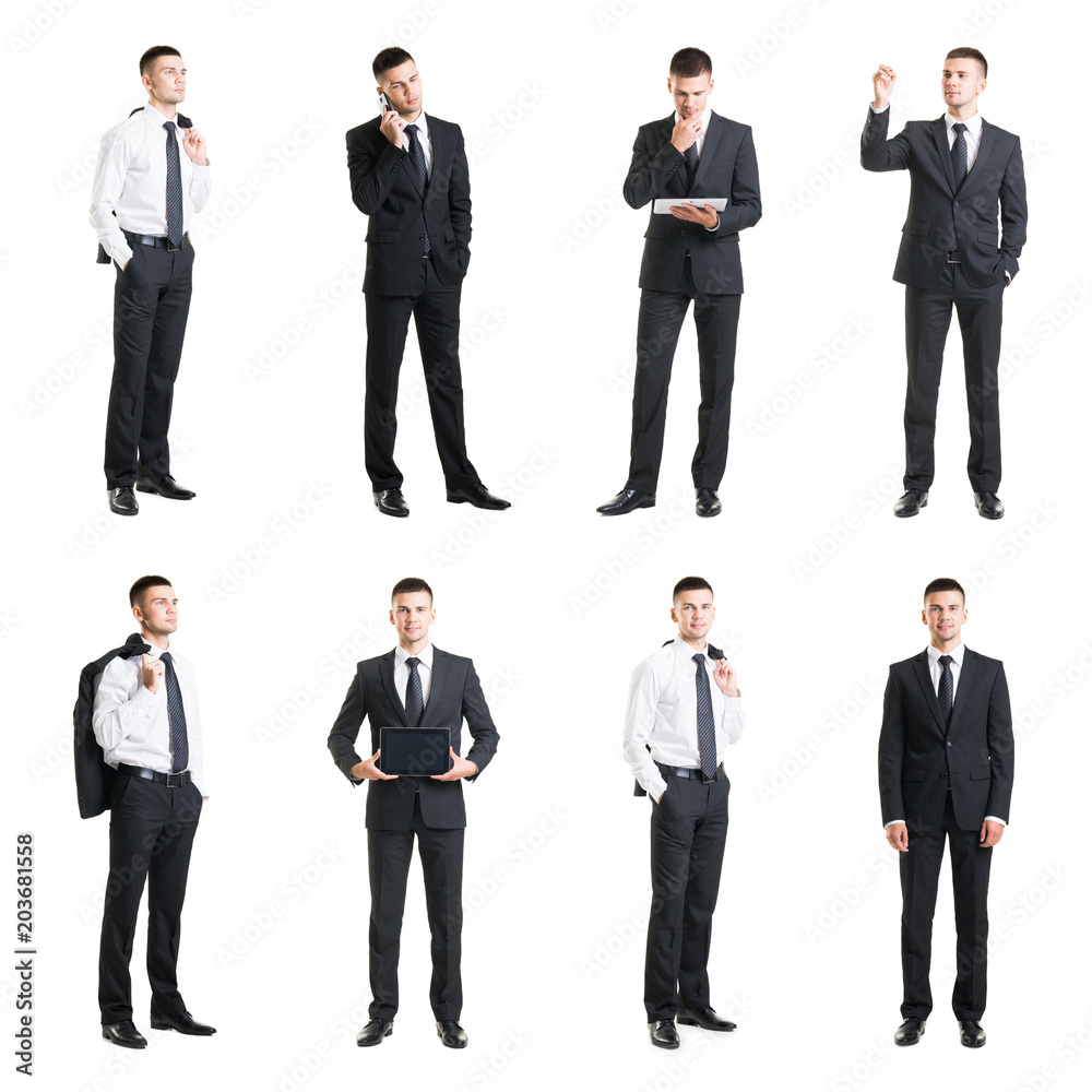 Set of a young handsome businessman isolated on white. Business, career, job, concept.