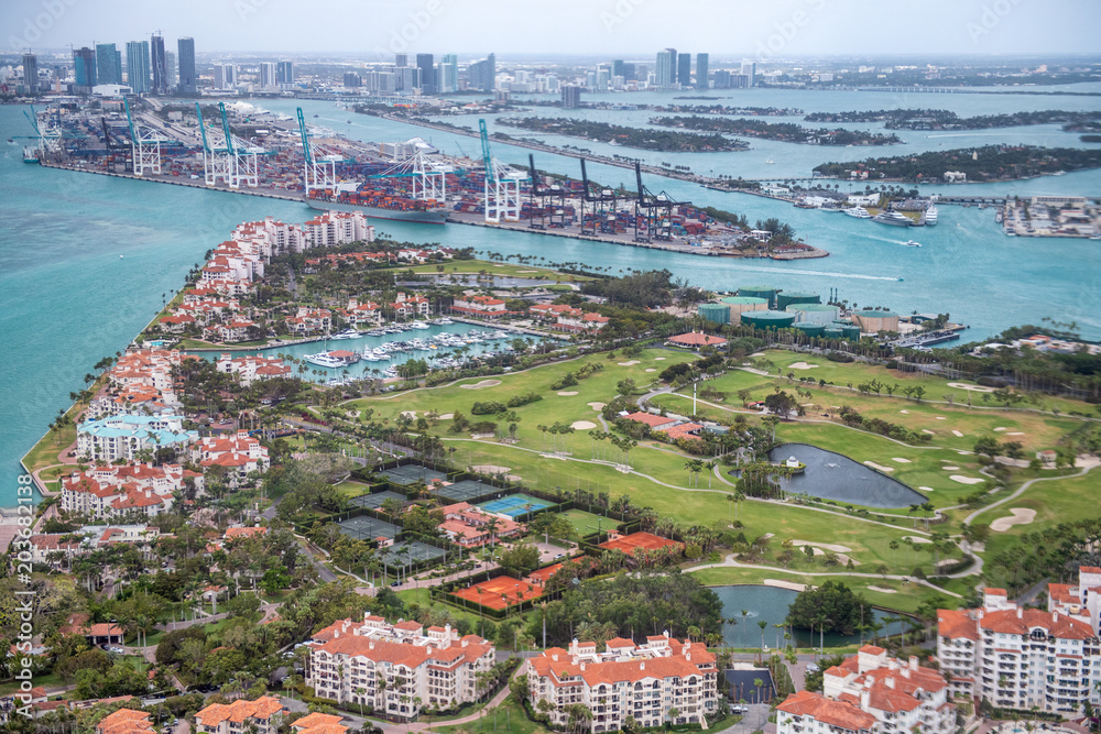 Aerial view of Fisher Island and Miami skyline, Florida
