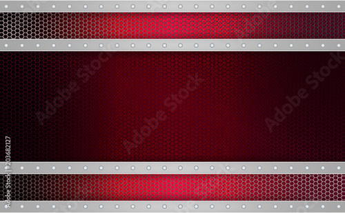 Geometric red mesh background with stripes of light metallic hue, frame.