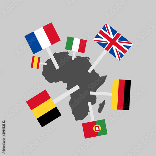 European imperialism and colonialism in Africa - Europe colonizes African continent. Territory is under super power of foreign country. Vector illustration of historical dominion and supremacy.  photo
