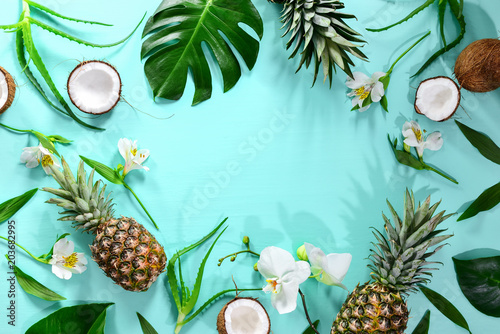 Summer tropical theme background, flat lay composition with a space for a text