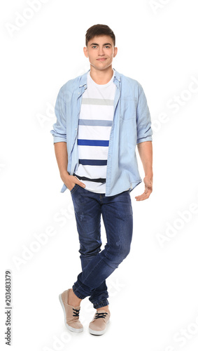 Trendy teenage boy on white...