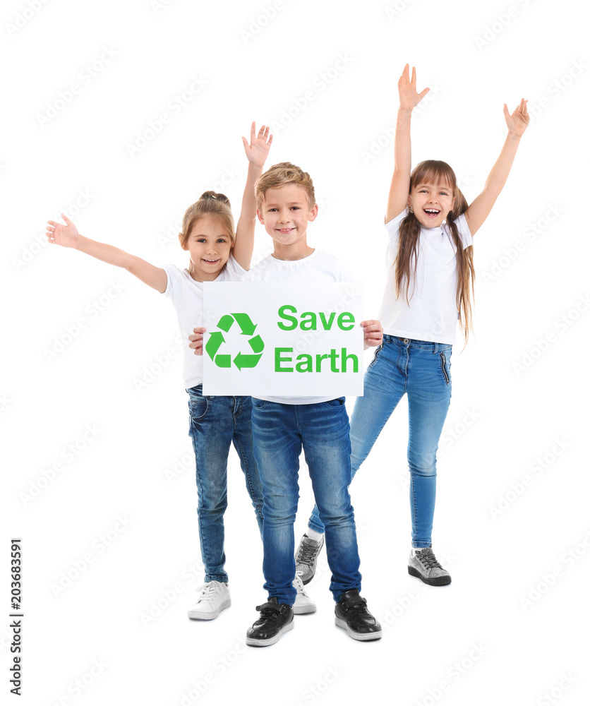 Little children with poster on white background. Save Earth concept Little children with poster on white background. Save Earth concept
